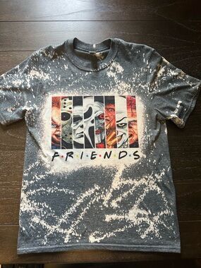 Gildan Dark Gray Bleached Graphic Tee with Multicolor Horror 'FRIENDS' Print